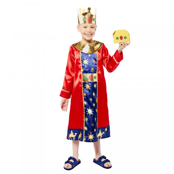 Costume for boys aged 3-4, featuring a robe, crown, and gift accessory for Christmas Nativity scenes.