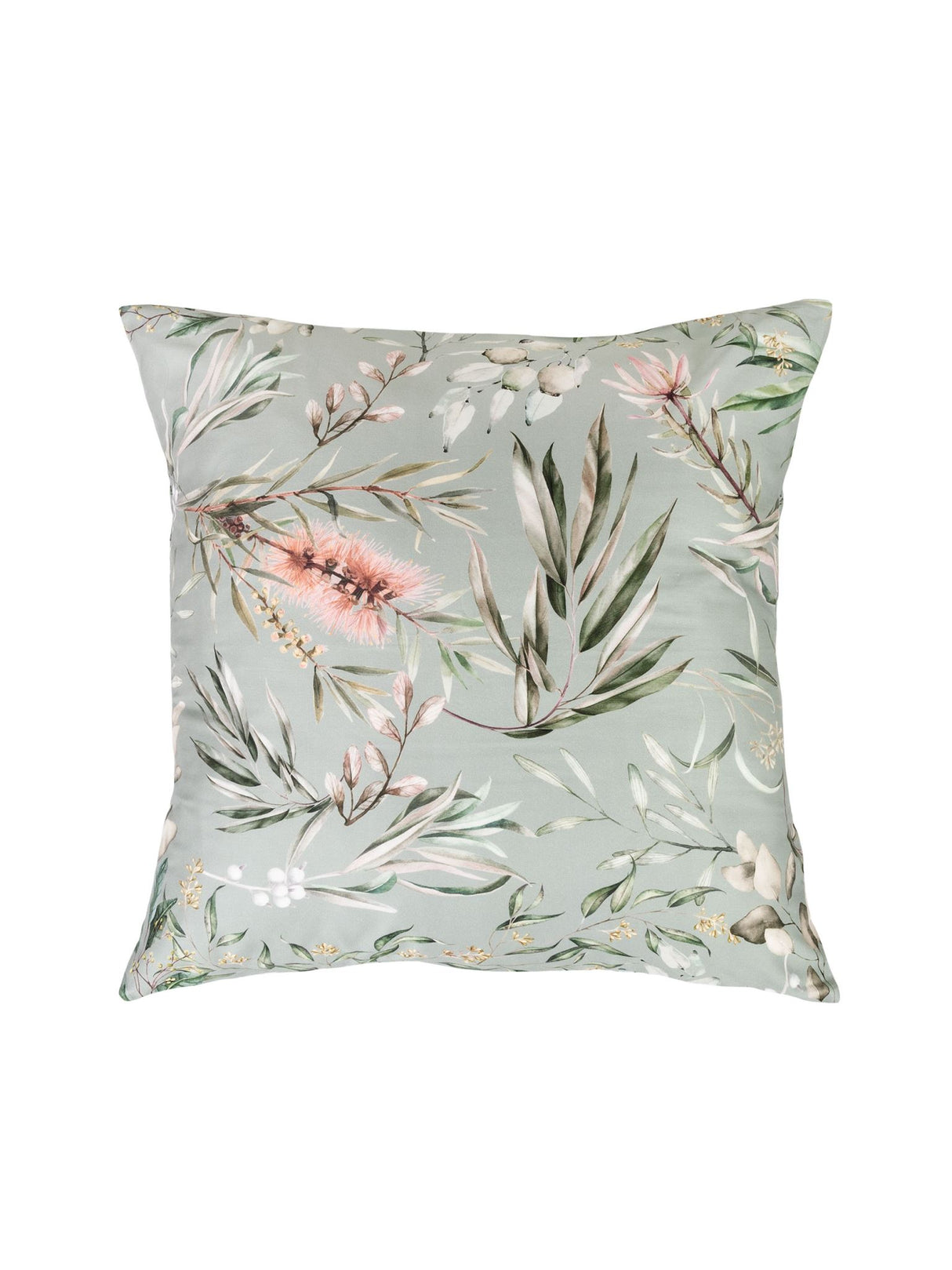 Botanical Lowen European Pillowcase by Savona, showcasing floral prints on sage green cotton sateen, 65x65cm.