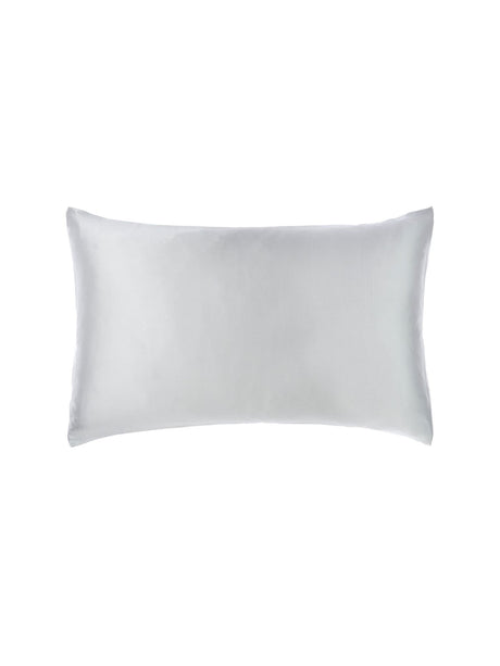 Luxurious silver silk pillowcase by Savona, 100% silk sateen, enhances sleep and benefits skin and hair.