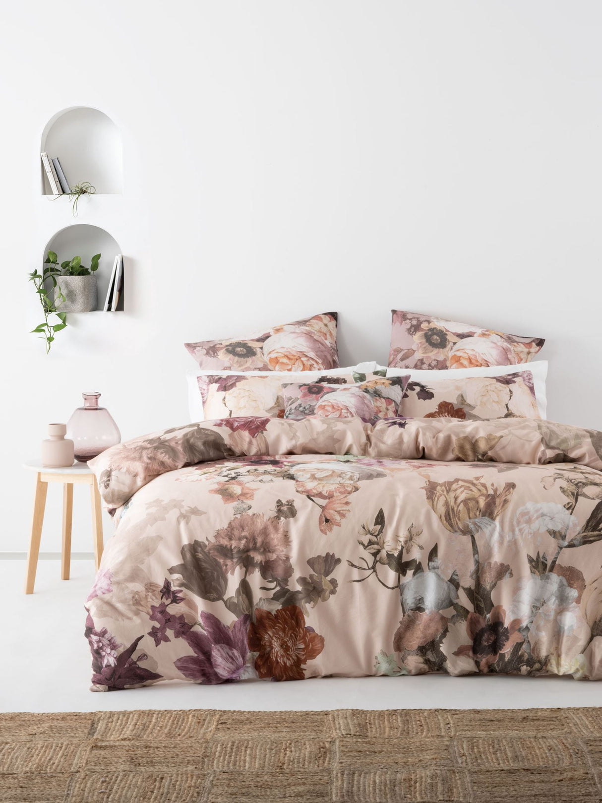 Rylee Queen Duvet Cover Set featuring vintage floral design on blush, crafted from luxurious 100% cotton sateen.