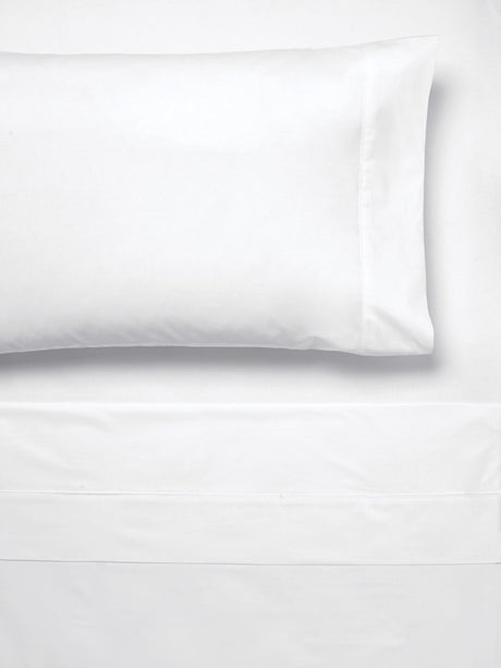 Savona King Sheet Set - 300T Cotton in white, featuring crisp percale fabric and elegant cuffed pillowcases for luxurious comfort.