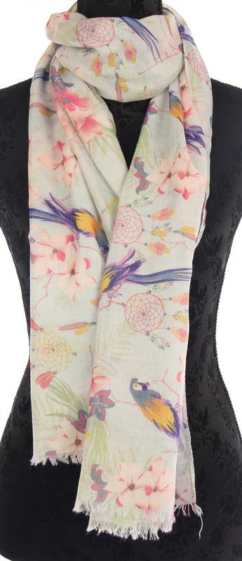 Scarf - Peach Floral With Parrot