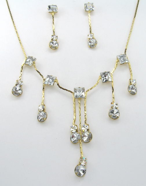 Earring & Necklace Set - Diamante Drop - Gold
