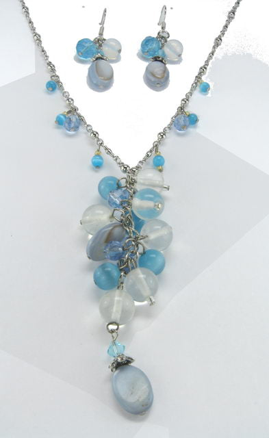 Earring & Necklace Set - Bead & Crystal - Blue