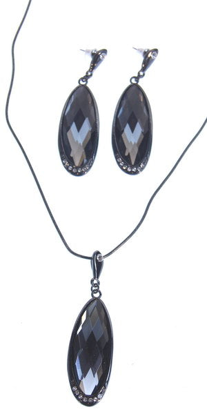 Earring & Necklace Set - Lge Flat Oval Cryst Drop - Black