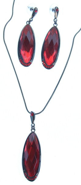 Earring & Necklace Set - Lge Flat Oval Cryst Drop - Red
