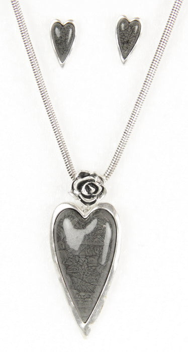 Earring & Necklace Set - Heart Resin W Rose Set - Grey