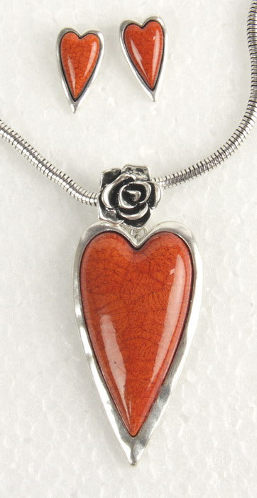 Earring & Necklace Set - Heart Resin W Rose Set - Orange