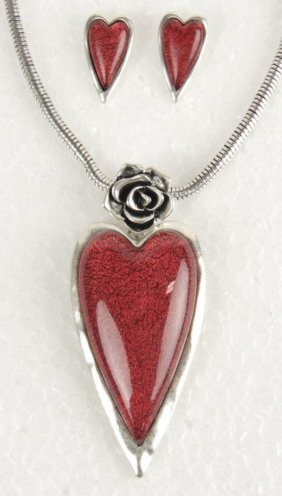 Earring & Necklace Set - Heart Resin W Rose Set - Red