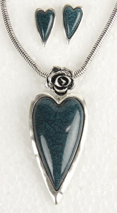 Earring & Necklace Set - Heart Resin W Rose Set - Teal