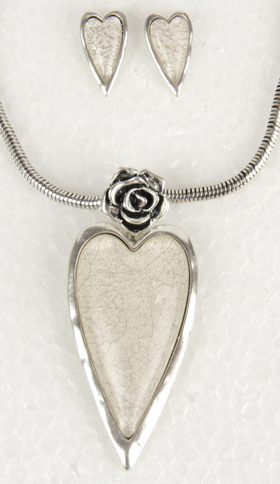 Earring & Necklace Set - Heart Resin W Rose Set - White