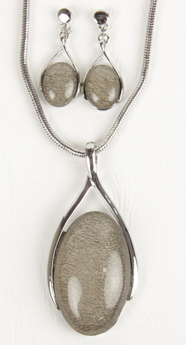 Earring & Necklace Set - Resin Oval Drop Silv Swirl - Grey