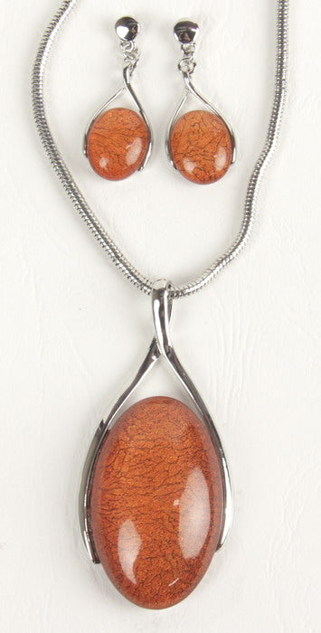 Earring & Necklace Set - Resin Oval Drop Silv Swirl - Orange