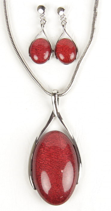 Earring & Necklace Set - Resin Oval Drop Silv Swirl - Red