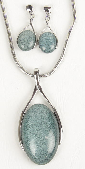 Earring & Necklace Set - Resin Oval Drop Silv Swirl - Teal