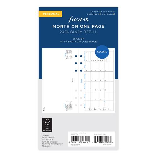 Filofax Refill Classic Month To A Page With Notes Personal 2026
