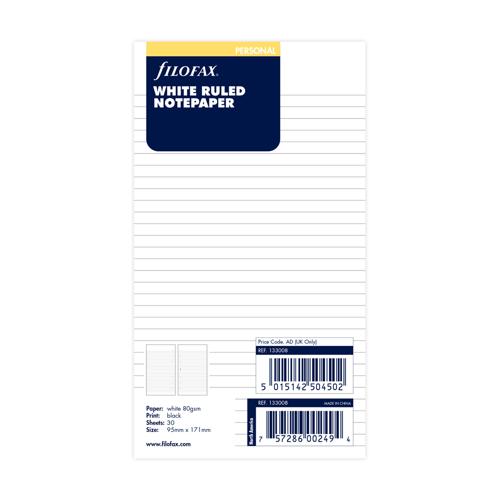 Filofax Organiser Refill Personal Notepaper Ruled White