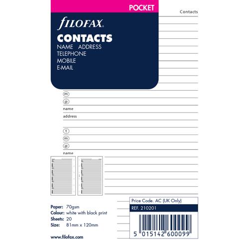 Filofax Organiser Refill Pocket Contacts White