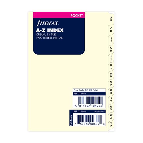 Filofax Organiser Refill Pocket Index A-Z (2) Letters/Tab Cotton Cream
