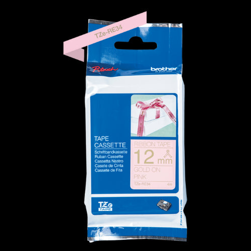 Brother TZeRE34 12mm Non Adhesive Ribbon Gold on Pink