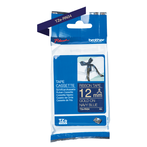 Brother TZeRE34 12mm Non Adhesive Ribbon Gold on Navy Blue