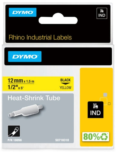 Dymo Rhino Heat Shrink Tube Tape 12mm Black On Yellow (18056)