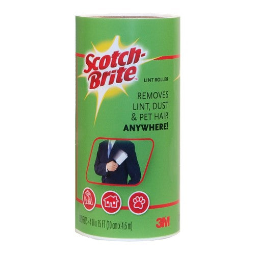 3M Scotch Lint Roller Refill with 30 adhesive sheets for removing lint, dust, and pet hair from clothes and upholstery.