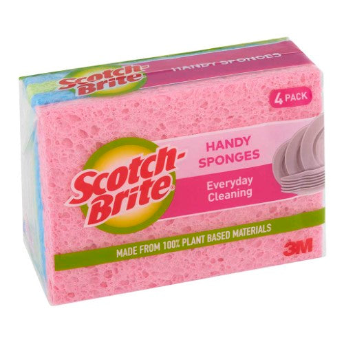 Four Scotch-Brite Handy Sponges, multi-purpose, antibacterial, water-absorbing, eco-friendly cleaning tools for a hygienic home.