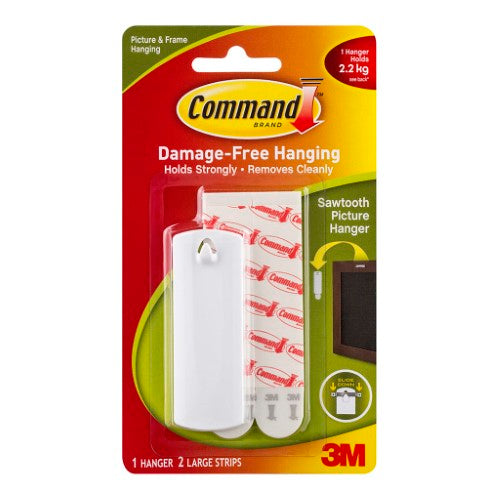 3M Command Picture Hanger 17040 in white, designed for securely displaying framed art with sawtooth attachments, damage-free installation.