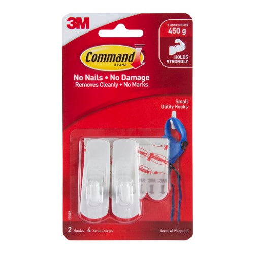 Pack of 2 small white 3M Command Hooks designed for holding up to 450g, ideal for organizing without wall damage.