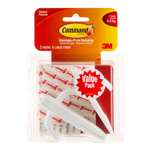 3M Command Hook 17003-3 Large White pack of 3, perfect for organizing with a damage-free, stylish solution for up to 2.2 kg.