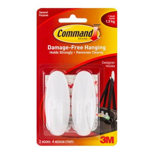 3M Command Hook pack of 2 in white, stylishly designed for hanging bags, jackets, and robes, easy to remove without residue.