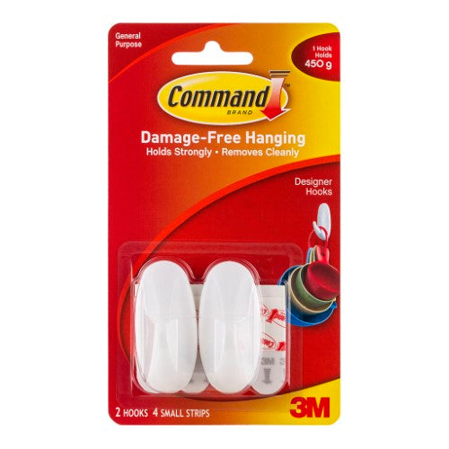 Small white designer hooks from 3M, holds up to 450g, perfect for home organization without damage.