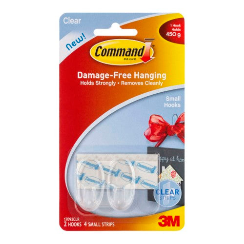 Set of 2 small clear 3M Command Hooks for easy, damage-free hanging of lightweight items up to 450g.