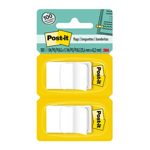 3M Post-it Flags 680-WE2 Twin Pack White 25 x 43mm 50/Dispenser, 2 Dispensers/Pk