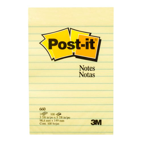 3M Post-it Notes in vibrant canary yellow, lined for organized notes, 101x152mm, 100 sheets, ideal for reminders and lists.