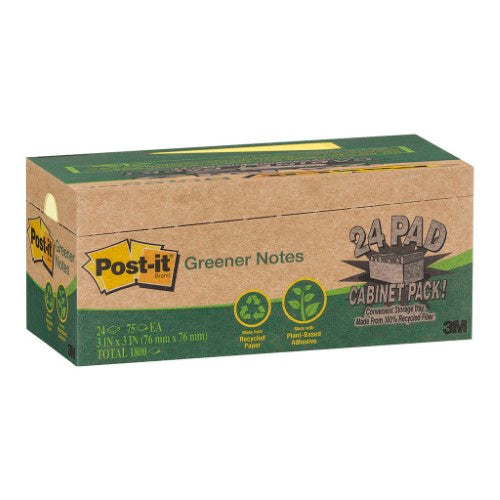 3M Post-It Recycled Note Cabinet Pack 654R-24CP-CY Greener Yellow 76X76mm Pkt/24