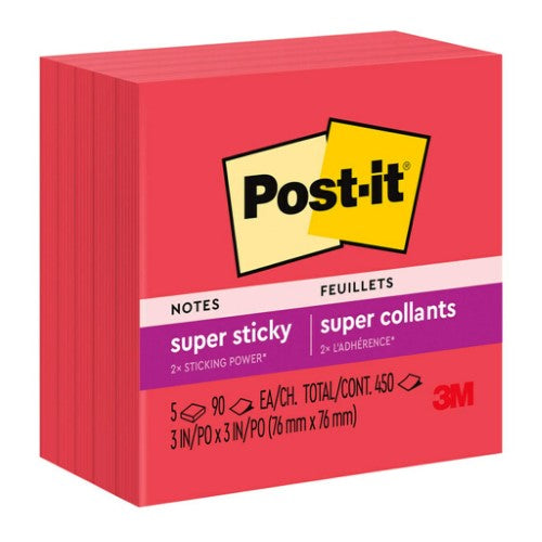 3M Post-it Super Sticky Notes 654-5SSRR Red 76x76mm  90 sheet pads Pk/5