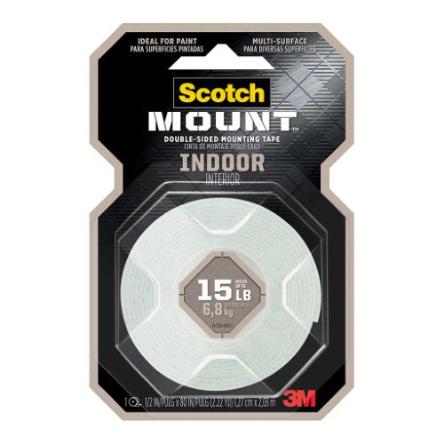 3M Scotch Indoor Mounting Tape 110P, 12.7mm x 1.9m, for securely adhering light to medium weight objects indoors.