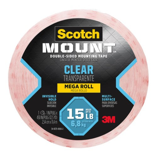 Scotch Mounting Tape 410H-LNG: Clear double-sided tape for seamless mounting, holds up to 4.5kg, ideal for various surfaces.