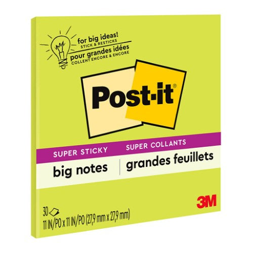 Post-it Super Sticky Big Notes in Bright Green, 279x279mm, 30 sheets for brainstorming and project planning.