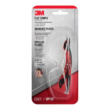 3M Flat Temple Eyewear with clear anti-scratch lenses, designed for comfort, safety, and a stylish black and red frame.