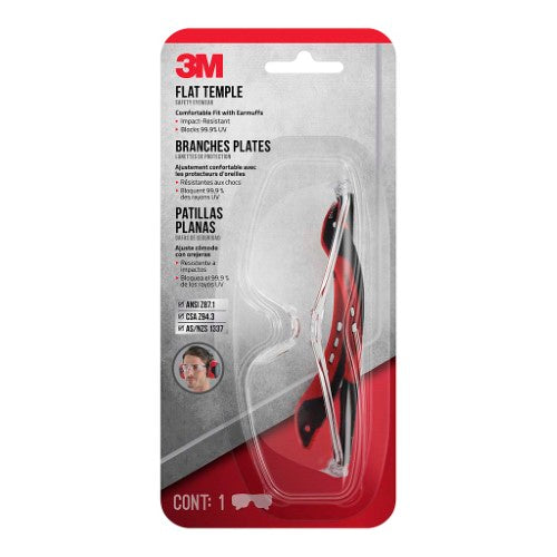 3M Flat Temple Eyewear with clear anti-scratch lenses, designed for comfort, safety, and a stylish black and red frame.
