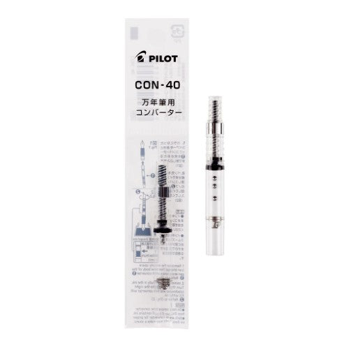 Pilot CON-40 fountain pen converter enables easy ink refills with 0.4ml capacity, compatible with all current Pilot pens.