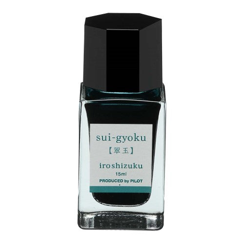 15ml bottle of Pilot Iroshizuku Emerald Green ink, showcasing a rich hue for fountain pens and calligraphy.