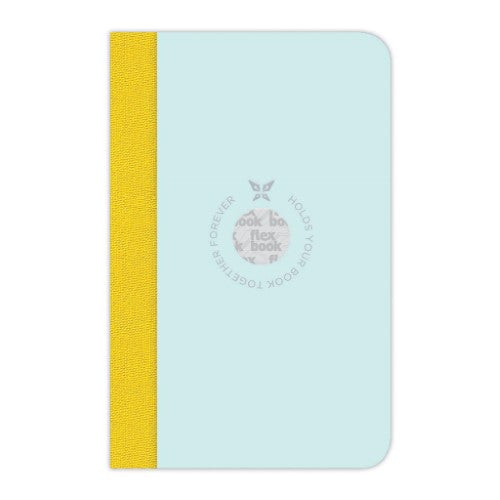 Mint and yellow pocket notebook with ruled pages, flat opening, and eco-friendly cover for stylish note-taking.