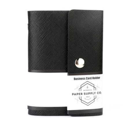 Sleek black OSC Citta Business Card Holder, holds 20 cards, textured PU, water-resistant, and secure press stud closure.
