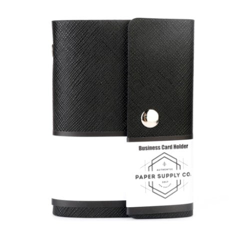 Sleek black OSC Citta Business Card Holder, holds 20 cards, textured PU, water-resistant, and secure press stud closure.