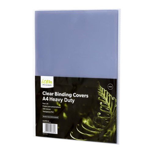 Clear A4 binding covers, 250 micron thick, pack of 20, protecting documents and showcasing cover pages.