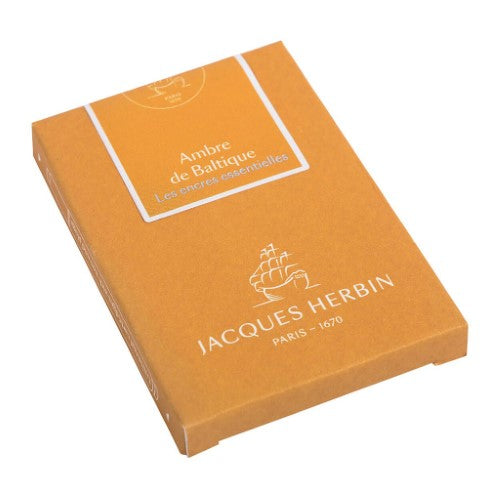 Pack of 7 Jacques Herbin Ambre de Baltique ink cartridges, featuring vibrant amber hues for exquisite fountain pen writing.